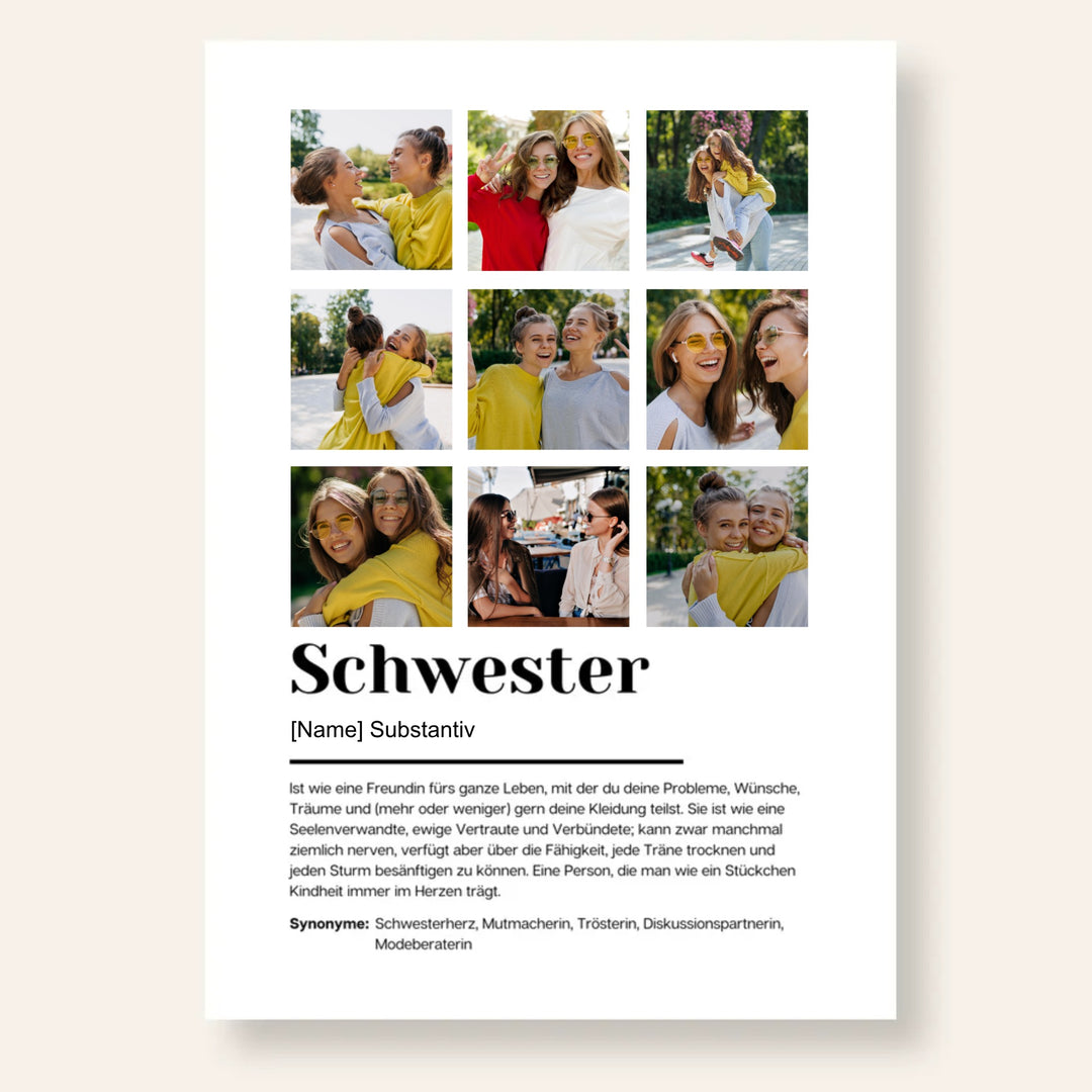 Personalisierte Fotocollage Definition SCHWESTER | Kleibt