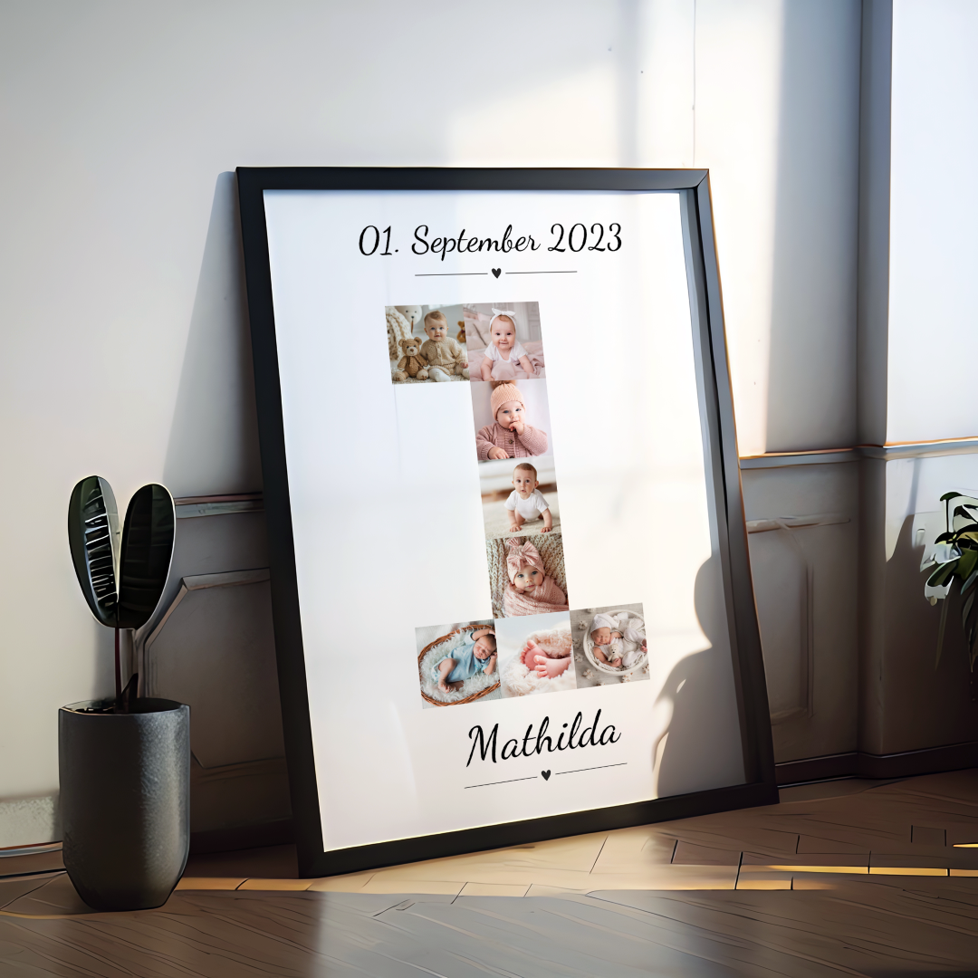 Poster Fotocollage erster Geburtstag personalisiert