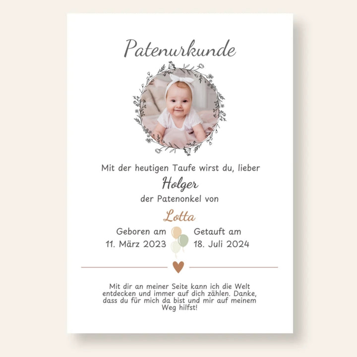 Patenurkunde Patenonkel Foto personalisiert personalisiert  | Kleibt