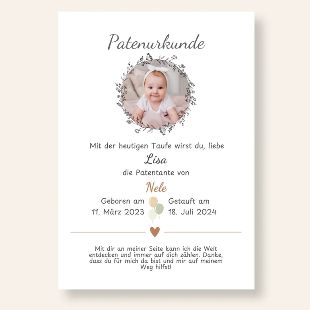 Patenurkunde Patentante Foto personalisiert personalisiert  | Kleibt