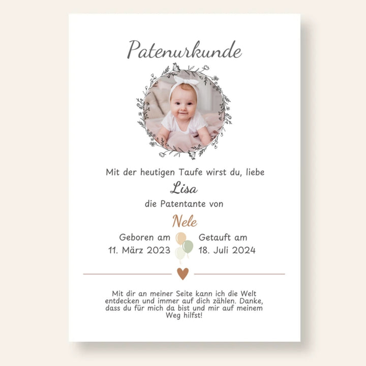 Patenurkunde Patentante Foto personalisiert personalisiert  | Kleibt